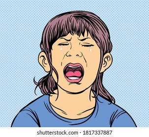Crying little girl.Pop art vector illustration