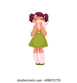 Crying little girl with ponytails wiping her nose with big handkerchief, cartoon vector illustration isolated on white background. Cartoon little girl crying, wiping her nose, full length portrait