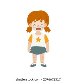 Crying little girl with red hair. Cute sad child. Unhappy weeping toddler.