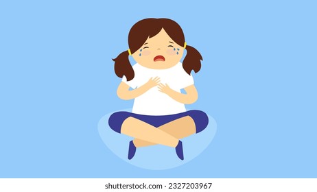 Crying Little Girl Crying and Sitting on the Floor Vector Illustration