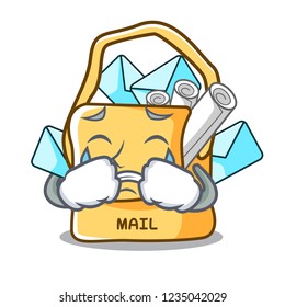 Crying mail bag character on table front