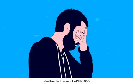 Crying male - Casual man in hoodie and beard, crying with hand covering face and tears rolling down. Depressed, sad and emotional concept. Vector illustration.