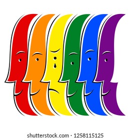 Crying man among people smiling and painted in the colors of the LGBT movement rainbow flag. This image created for popularize and support the LGBT community in social media.