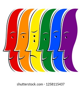 Crying man among people smiling and painted in the colors of the LGBT movement rainbow flag. This image created for popularize and support the LGBT community in social media.