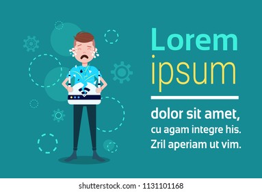 crying man character with broken wireless drone controller template for design work or animation background full length copy space horizontal flat vector illustration