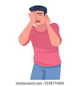 Crying Man Character Weeping and Sobbing from Sorrow and Grief Feeling Sad and Upset Vector Illustration