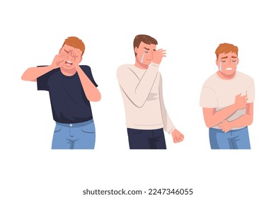 Crying Man Character Weeping and Sobbing from Sorrow and Grief Feeling Sad and Upset Vector Set