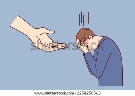 Crying man covers face with hands bowing head while standing near giant palm hanging from sky. Concept help from Lord for religious person who is in trouble and has lost hope. Flat vector image
