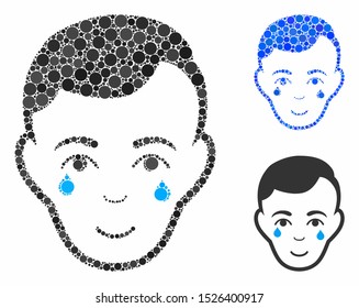 Crying man face mosaic for crying man face icon of round dots in various sizes and color hues. Vector round dots are composed into blue collage. Dotted crying man face icon in usual and blue versions.