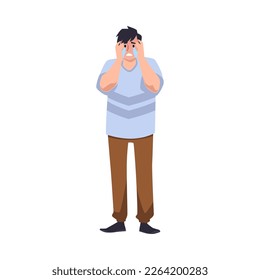 Crying man holding hands to face flat style, vector illustration isolated on white background. Depression, negative emotions and tears, upset character. Design element