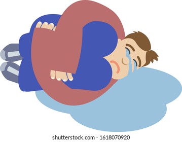 Crying man lying on the floor in a pool of tears, hugging his knees