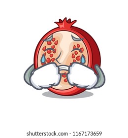 Crying mascot half of fresh pomegranate fruits