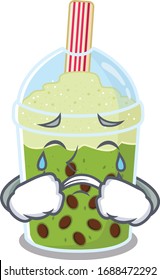 A Crying matcha bubble tea cartoon mascot design style