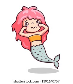 Crying mermaid wiping her eyes. Kawaii cartoon character. Vector illustration.