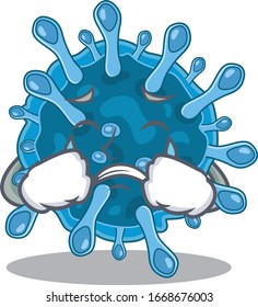 A Crying microscopic corona virus cartoon mascot design style