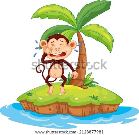 Crying monkey cartoon character on isolated island illustration