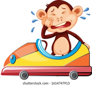 Crying monkey riding on toy car illustration