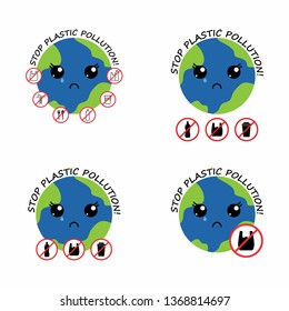 crying mother planet earth with cute kawaii black eyes, red prohibition sign and lettering. stop plastic pollution. save environment and ecology of earth. go green eco friendly environment concept.