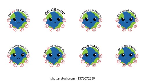 crying mother planet earth with cute kawaii black eyes, red plastic prohibition signs and lettering. say no to plastic pollution. save ecology of earth. go green eco friendly environment concept.