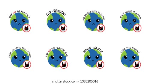 crying mother planet earth with cute kawaii black eyes, plastic bag red prohibition sign and lettering. save ecology of earth. go green eco friendly concept. say no to plastic pollution.