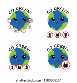 crying mother planet earth with cute kawaii black eyes, red prohibition sign and lettering. stop plastic pollution. save environment and ecology of earth. go green eco friendly environment concept.