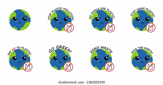crying mother planet earth with cute kawaii black eyes, plastic bag red prohibition sign and lettering. say no to plastic pollution. go green eco friendly concept. save environment ecology of earth.