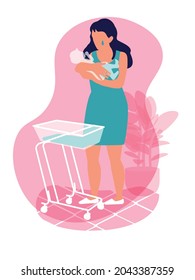 A crying mother stands next to the baby's cradle. Remembers how she holds the baby. Loss of a newborn baby. Sudden Infant Death Syndrome. Memory of the unborn children and dead babies. Vector concept
