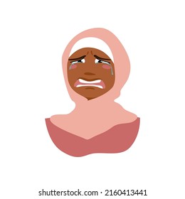 Crying muslim girl in hijab. Islamic woman vector cartoon portrait. African american young girl weeping.