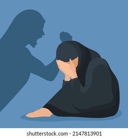 Crying muslim woman. Silhouette of an aggressive man. Domestic violence. Woman's lack of rights in islamic culture