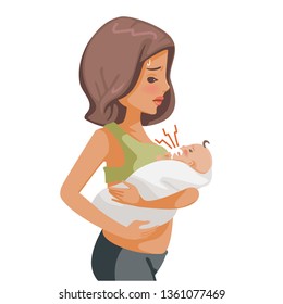 Crying newborn baby on hands, First time mother and hardship with child care. Vector illustration isolated on a white background.