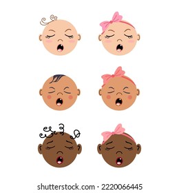 Crying newborns frontal portraits. Set of Multiracial baby faces. Tiny boys and girls. Flat style hand drawn vector illustrations.