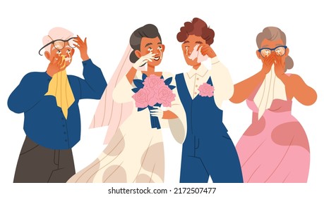 Crying Newlywed Couple with Their Parents Weeping and Sobbing from Happiness Vector Illustration