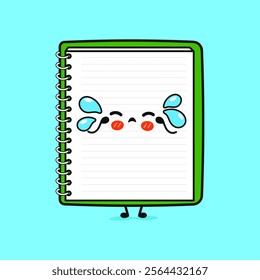 Crying Note pad character. Vector hand drawn cartoon kawaii character illustration icon. Isolated on blue background. Sad Note pad character concept