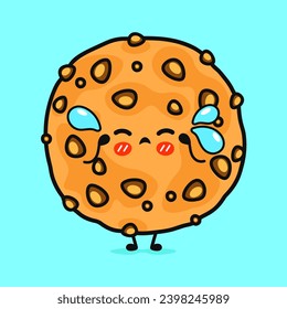 Das Weinen von Oatmehl-Keksen-Charakter. Vektorhandgezeichnete Cartoons kawaii Zeichentricksymbol. Einzeln auf blauem Hintergrund. Sad Oatmehl Cookies-Zeichenkonzept