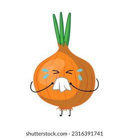 crying onion wipes its nose with tissue Mascot Character Vector illustration color children cartoon clipart