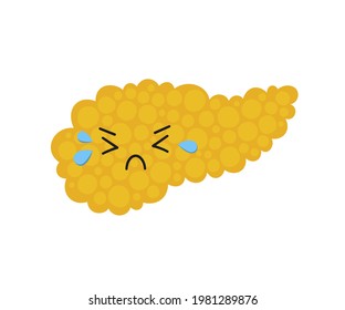 Crying pancreas kawaii sad unhealthy character. Drawing of a sick pancreas with tears. Isolated vector illustration on white background.