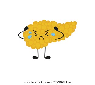 Crying pancreas kawaii sad unhealthy character. Drawing of a sick pancreas with tears. Isolated vector illustration on white background.