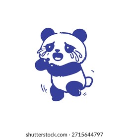 Un panda llorando de dibujos animados en contorno azul, ojos llorosos, agarrando su pecho, fondo blanco