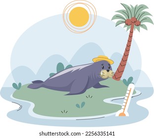 Crying penguin suffering lying on small green hill surrounded by streams of water. Melting glaciers due to global warming, climate change. Unfortunate animal in pain from scorching sun on hot surface