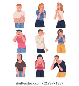 Crying People Character Weeping and Sobbing from Sorrow and Grief Feeling Sad and Upset Vector Set