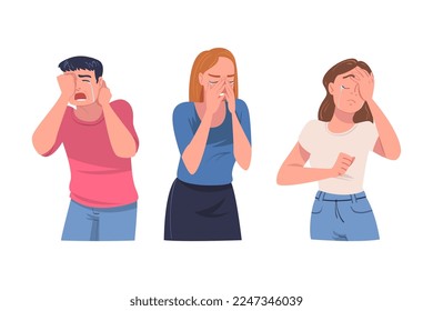 Crying People Character Weeping and Sobbing from Sorrow and Grief Feeling Sad and Upset Vector Set