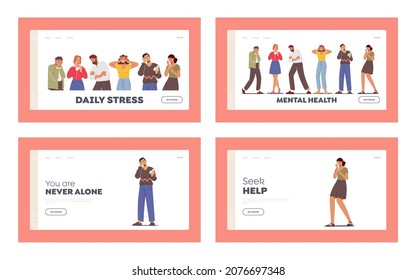 Juego de plantillas de página de inicio de personas que lloran. Los Personajes Tristes Expresan Emociones Negativas, Hombres y Mujeres Molestos con Lágrimas Abajo, Mal Ánimo, Melancolía, Dolor, Sentimientos Tristes. Ilustración del vector de dibujos animados