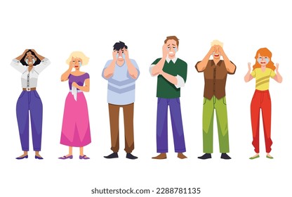 Crying people shed tears flat cartoon vector illustration isolated on white background. Men and women characters frustrated and distressed, hysterical and crying.