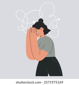 Crying person has anxiety and tangled thoughts. Stressed girl suffering from ADHD, fatigue and migraine. Confused woman has attention disorder holding her head with hands, vector isolated illustration