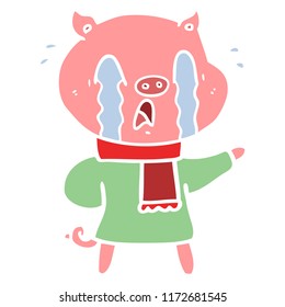 crying pig flat color style cartoon wearing human clothes