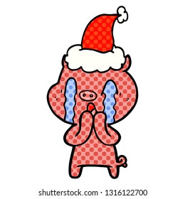 crying pig hand drawn comic book style illustration of a wearing santa hat