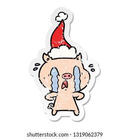caricatura de sticker angustiado con la mano de un cerdo con sombrero santa