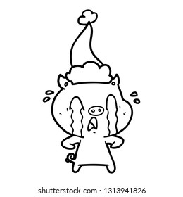 crying pig hand drawn line drawing of a wearing santa hat