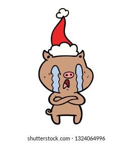 dibujo de línea dibujado a mano de cerdo con sombrero santa