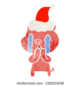 crying pig hand drawn retro cartoon of a wearing santa hat